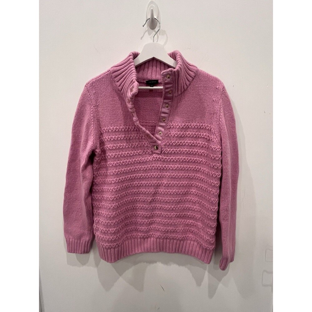 Talbots Texture Stich Snap Mockneck Sweater Large Pink Cabin Cozy Wool Blend